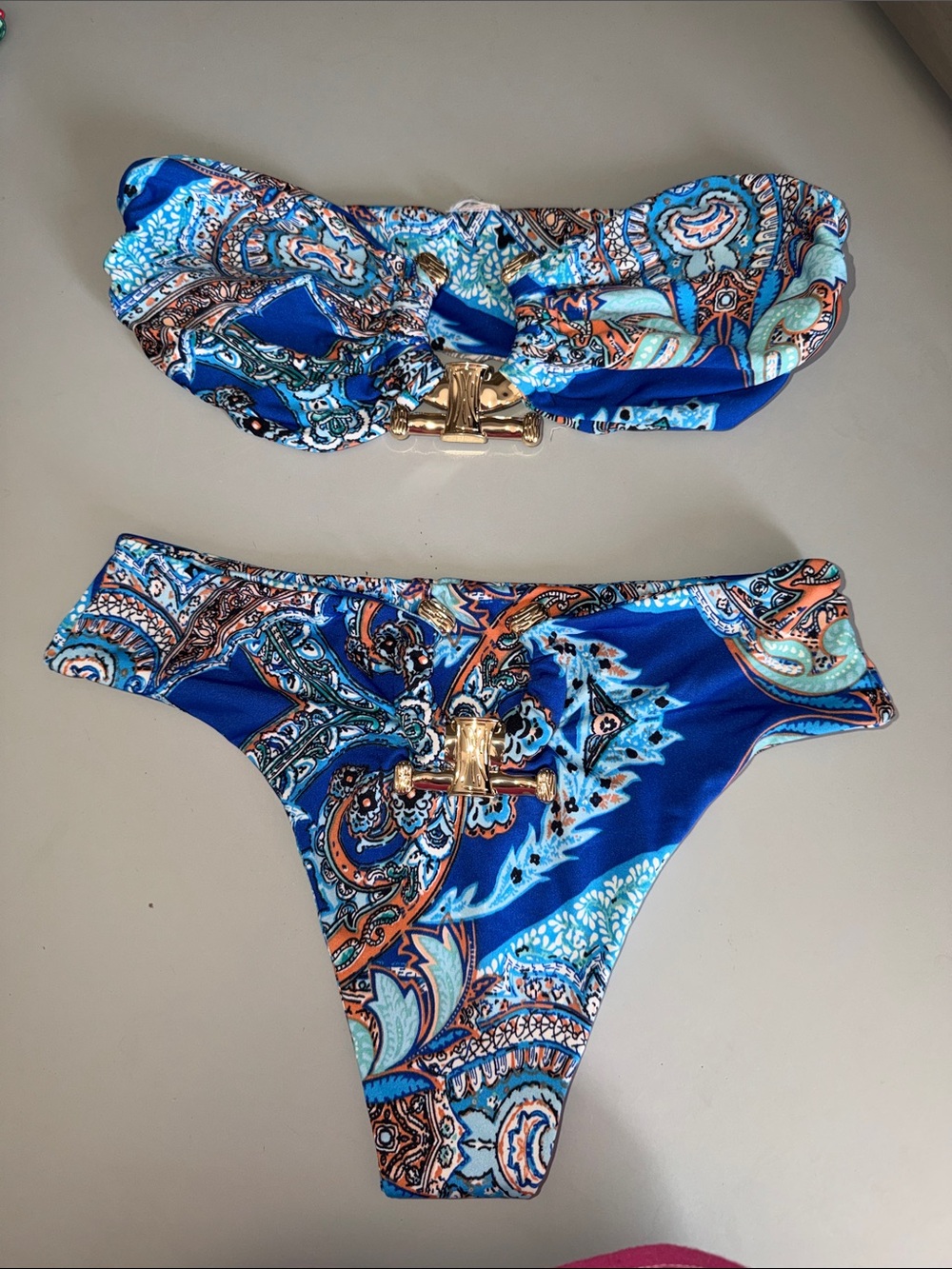 Blue Paisley Two-Piece Bikini with Gold Hardware